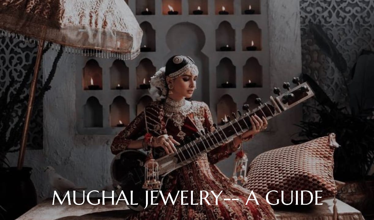 A girl adorned in Mughal-inspired jewelry plays the sitar.